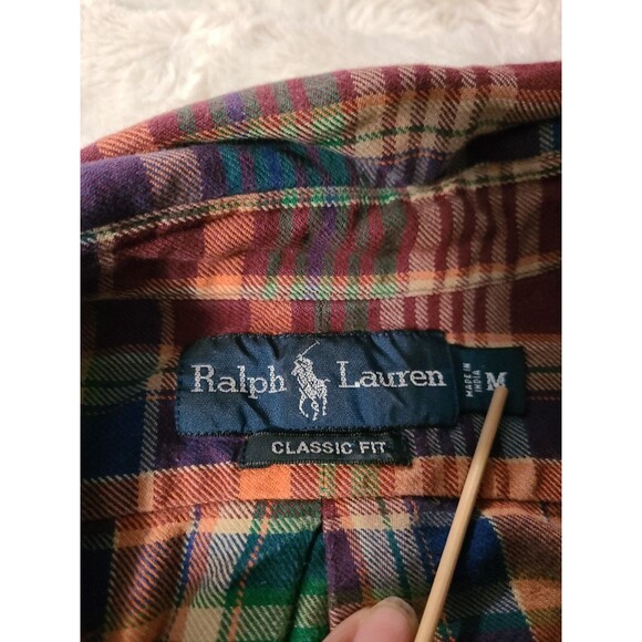 Vintage Polo Ralph Lauren Cotton Flannel Shirt Medium Green Blue Red Plaid 90s - Picture 6 of 11